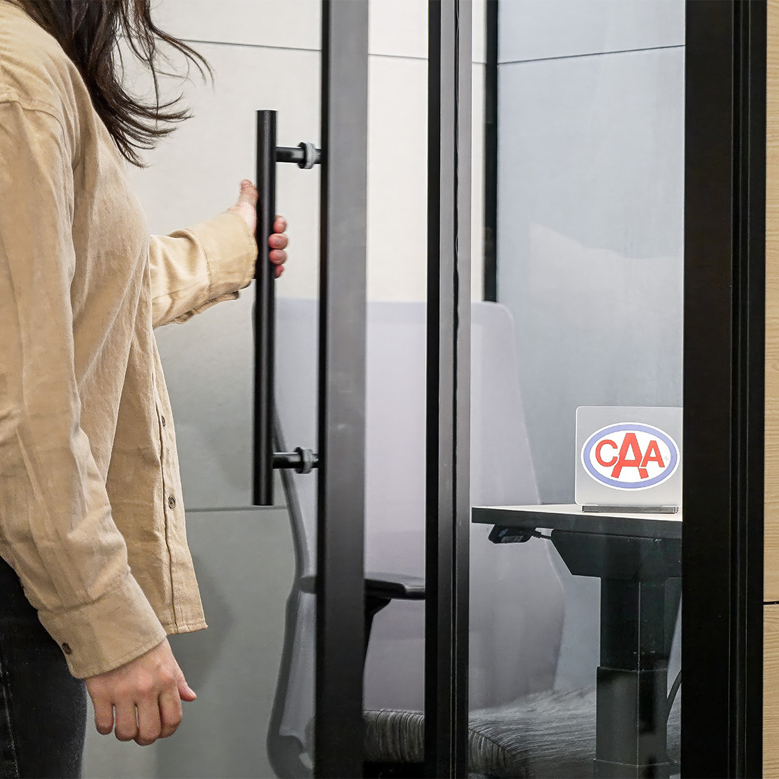 SnapCab pod at CAA Ottawa office with CAA branding visible