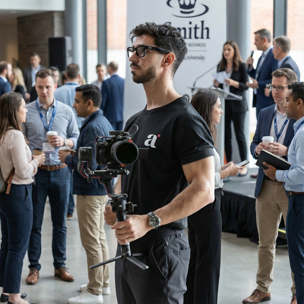 Ardist videographer with camera gimbal at a Kingston corporate event